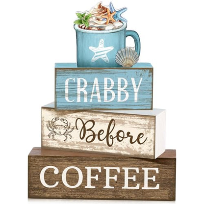 Lineshading 4 Pcs Summer Table Decorations Wooden Beach Coffee Decor Summer Tiered Tray Decor Farmhouse Crabby Before Coffee Crab Block Signs Gifts for Beach Nautical Party Home Office Decorations - style: Beach Coffee