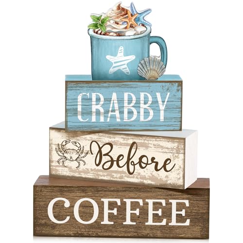 Lineshading 4 Pcs Summer Table Decorations Wooden Beach Coffee Decor Summer Tiered Tray Decor Farmhouse Crabby Before Coffee Crab Block Signs Gifts for Beach Nautical Party Home Office Decorations - style: Beach Coffee
