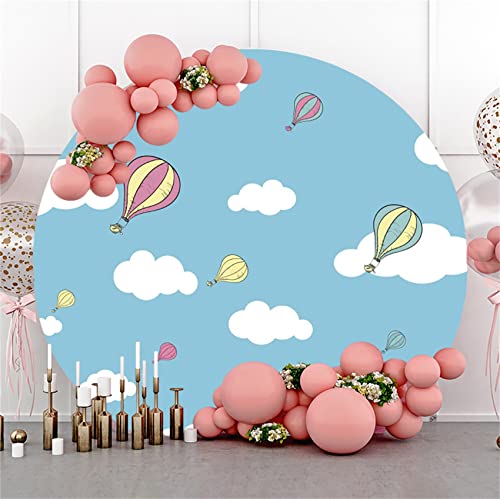 Cartoon Hot Air Balloon Round Backdrop Cover 7.5x7.5ft Polyester Blue Sky White Clouds Photography Background Air Adventure Newborn Baby Shower Kids 1st Birthday Party Cake Table Studio Props - color: Blue02, size: 7.5x7.5ft-Diameter