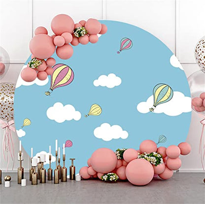 Cartoon Hot Air Balloon Round Backdrop Cover 6.5x6.5ft Polyester Blue Sky White Clouds Photography Background Air Adventure Newborn Baby Shower Kids 1st Birthday Party Cake Table Studio Props - color: Blue02, size: 6.5x6.5ft-Diameter