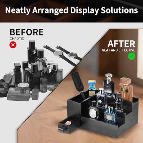Perfume Stand Organizer for Men, 3 Tier Perfume Display Shelf with Velvet Lining Drawer and Hidden Compartment,Great Gift for Father, Men (Black - 1 Drawer) - style: 1 drawer - Black