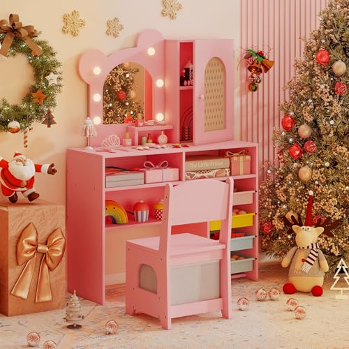 Costzon Kids Vanity with Lights, Girls Vanity Set with Mirror, Storage Drawers, Cabinet & Shelves, Toddler Makeup Vanity Desk Dressing Table, Wooden Kids Vanity Table and Chair Set (Pink) - style: Pink with Storage Bins