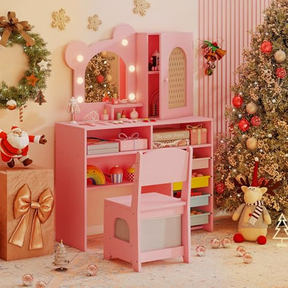 Costzon Kids Vanity with Lights, Girls Vanity Set with Mirror, Storage Drawers, Cabinet & Shelves, Toddler Makeup Vanity Desk Dressing Table, Wooden Kids Vanity Table and Chair Set (Pink) - style: Pink with Storage Bins