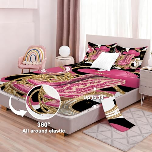 Pink Cowgirl Fitted Sheet Set Queen Size Glitter Cowboy Boots Horseshoe Print Sheet Set Kids Women Western Bed Sheets Cowhide Pattern 1 Fitted Sheet+1 Flat Sheet+2 Pillowcases - color: Cowgirl 01, size: Queen