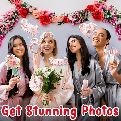 Photo Booth Props for Bridal Shower - 20 Pink Romance Pieces - Party Decorations - Durable Photobooth Props & Signs for Bachelorette Parties, Wedding Showers & Engagement Celebrations - by PixiPy - color: Pink Romance