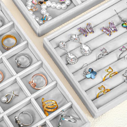Abeillo 6Pcs Velvet Jewelry Tray Stackable Jewelry Drawer Organizer Inserts Divided Jewelry Box Display Case Storage for Earring Necklace Rings Bracelet Watch Bangle (Grey)