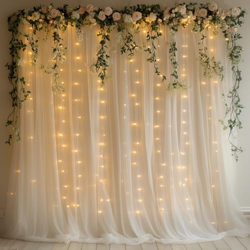 Ivory Tulle Backdrop Curtain with Lights - 10x10ft Sheer Backdrop with 300 LEDs for Wedding, Baby Shower, Bridal Shower, Birthday Party Photo Shoot Background and Home Decorations - color: Ivory, size: 10 x 10 Feet