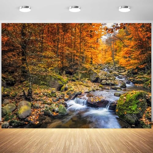 5x3ft Fall Backdrop Autumn Scenery Mountain Stream Photography Background Forest Yellow Fall Leaves Natural View Decorations Portraits Supplies Wallpaper Photo Studio Props - color: White, size: 5x3ft