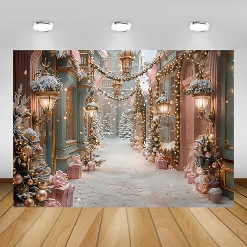 AIBIIN 8x6ft Christmas Snow Street Backdrop Winter Pink Xmas Shop Photography Backgrounds Winter Christmas Tree House Holiday Decorations - color: Snow Street, size: 8x6ft