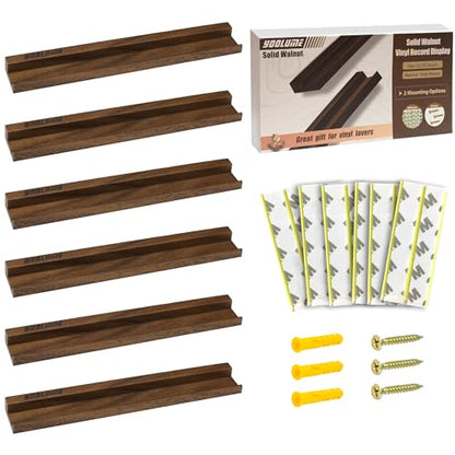Vinyl Wall Mount No Drill with 2 Mount Options(Adhesive & Screws), 6 Pack Solid Walnut Wood Record Display No Screws, Record Shelves for Wall, Album Magazine, Record Shelf, Vinyl Holder Wall