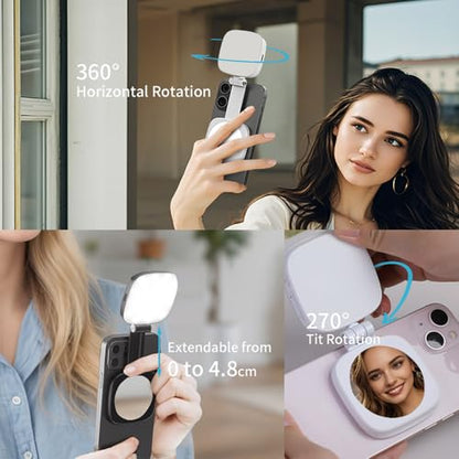 Magnetic Selfie Light for iPhone，Phone Light with a Mirror，Folding LED Phone Fill Ring Lighting，Rechargeable Portable Fill Light for Photography/Video Recording/Conference/Vlog/Makeup (Black)