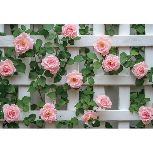 5x3ft Flowers Fence Backdrop Photography Pink Rose Green Leaves White Spring Floral Farmhouse Background for Bridal Shower Wedding Birthday Party Backdrops Decoration Photo Props Photoshoot - color: pink and white, size: 5x3ft