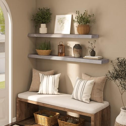 Long Live Edge Floating Shelf, 55 Inch Solid Elm Wood - Weathered Gray Rustic Wood Wall Shelf with Invisible Brackets for Living Room, Kitchen, Bathroom - color: Driftwood Gray, size: 55"L, 1-Pack