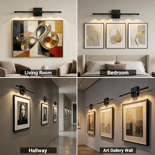 Picture Lights Rechargeable for Wall: Battery Operated Wall Sconces Wireless Art Lighting for Painting Canvas Gallery 360° Rotatable Detachable Battery Aluminum 48H (1, Black with Lens) - color: Black With Lens
