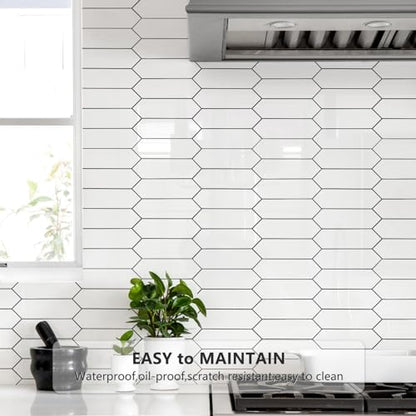 Vamos Tile Glossy White Backsplash Tile Peel and Stick, 12.8 x 12.8 Inch 10 Sheets Long Hexagon PVC Self Adhesive Mosaic Wall Tiles Stick on Backsplash for Kitchen and Bathroom - color: Glossy White