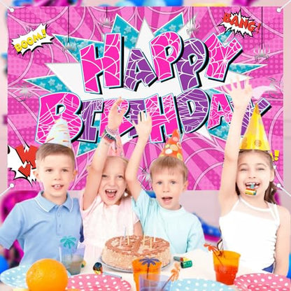 5x3ft Pink Spider Theme Backdrop Cartoon Photography Background Kids Boys Girls Birthday Party Decorations Photo Booth Banner Props - color: Pink-Spider