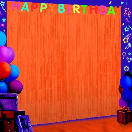 6 Pack 3.3Ft x 6.6Ft Orange Glow in The Dark Foil Fringe Curtain Backdrop Party Supplies, Fluorescent Macaron Metallic Tinsel Foil Streamers Curtain Photo Booth for Neon Birthday Party Decorations - color: Glow in The Dark-Orange
