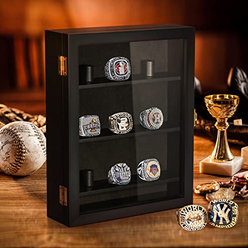 TJ.MOREE Championship Ring Display Case, 9 Posts Baseball & MoreDisplay Case, 8x10 Wall Mount Wooden Glass Shadow Box with Locks - Black - color: 9 Posts-black-rectangle
