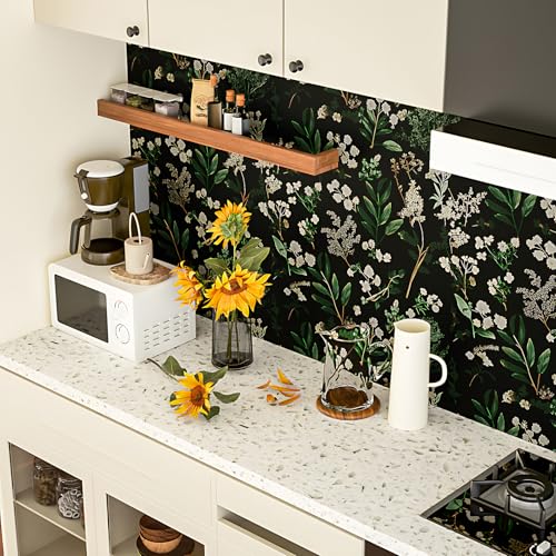 Laatse Dark Floral Wallpaper Peel and Stick Green Leaf Wallpaper Vintage Flowers Contact Paper Waterproof Self Adhesive Boho Delicate Wall Paper for Cabinet Kitchen Walls Locker 17.5in x9.8ft - color: Black&Green, size: 118" x 17.5"