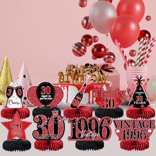 9Pcs 30th Birthday Decorations Red and Black 30th Birthday Party Decorations for Women,Happy 30 Years Vintage 1996 Aged Honeycomb Centerpieces Table Sign Decor Supplies - color: Red Black 30th