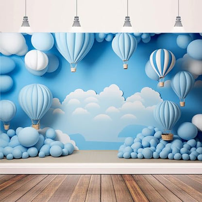 Vinyl Boy 1st Birthday Backdrop Children's 1st Birthday Happy Photography Backdrop Blue Sky Clouds Hot Air Balloons Cake Smash Background Baby Shower Background Banner,7X5FT