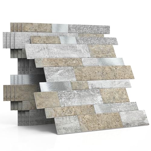 MOFIT Backsplash Tile for Kitchen Peel and Stick Stone Matte Finish,Bathroom Tiles Stickers 3D Wall Panel Linear Mosaic Marble Backsplash Waterproof(10sheets,Castle Brown) - color: Castle Brown, size: 10sheets