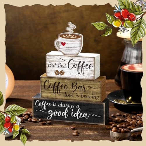 Moucuny 4 Pcs Wooden Coffee Bar Tabletop Decor Coffee Tiered Tray Decor Rustic Wood Bar Sign Gift Farmhouse Table Centerpiece Farmhouse Decorations for Home Kitchen - style: Coffee Bar