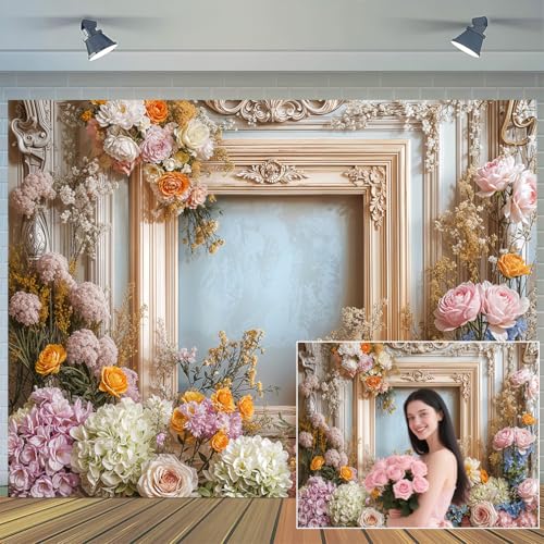 6X4ft Retro Wall Wedding Backdrops Frame Style Colorful Flowers Wall Background Medieval Building Photo Background for Mothers Day Bridal Baby Shower Birthday Girls Women Decoration Backdrop - color: Multi, size: 6X4ft