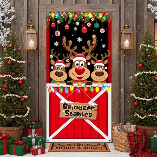 Irenare Christmas Door Cover Decorations Reindeer Stables Door Banner Christmas Elk Hanging Backdrop Banner Photo Booth Props for Xmas Winter Party Decorations Supplies, 70.9 x 35.4 Inch - style: Reindeer Stables