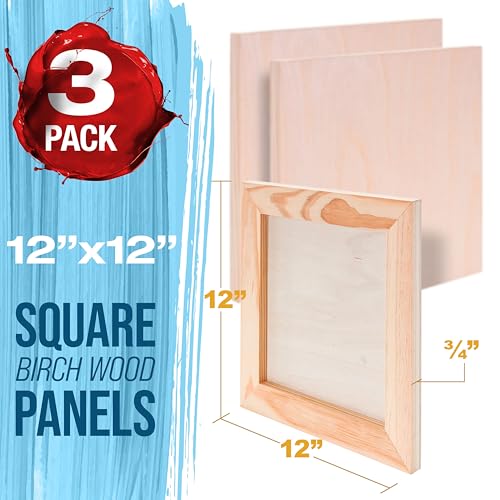 U.S. Art Supply 12" x 12" Unfinished Cradled Wood Panels for Painting, Studio 3/4" Deep (3 Pack) - Artist Depth Birch Wooden Wall Canvases - Mixed-Media Craft, Acrylic, Oil, Encaustic, Paint Pouring - size: 12" X 12", style: Square