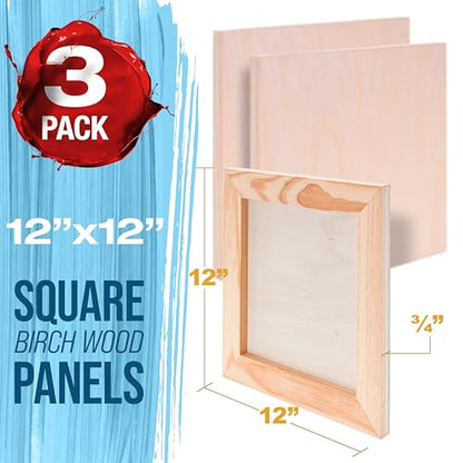 U.S. Art Supply 12" x 12" Unfinished Cradled Wood Panels for Painting, Studio 3/4" Deep (3 Pack) - Artist Depth Birch Wooden Wall Canvases - Mixed-Media Craft, Acrylic, Oil, Encaustic, Paint Pouring - size: 12" X 12", style: Square