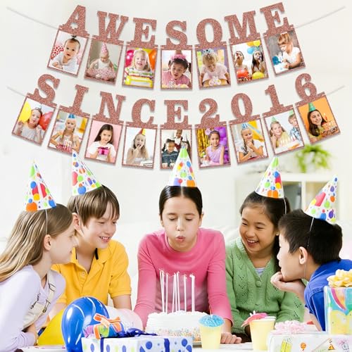 Pre-strung Awesome Since 2016 Photo Banner Birthday Decorations for Girls Women- Pink Rose Gold Glitter Happy 10th Birthday and Anniversary Decorations Party Supplies - style: Pink Rose Gold 10th