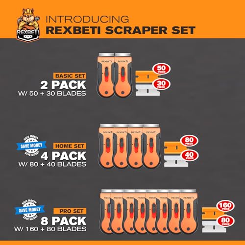 REXBETI Razor Blade Scraper Tool, 2 Pack Razor Scraper Set with Extra 80Pcs Razor Blades -30Pcs Metal and 50Pcs Plastic Blades, Cleaning Scraper Tool, Cooktop, Paint, Glass Scraper - style: Original 2 Pack
