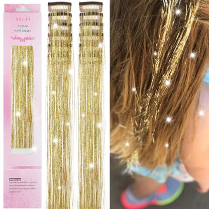 Hair Tinsel Clip in 12 Pcs Glitter Tinsel Hair Extensions 20 Inch Fairy Hair Clip in Hair Tinsel Heat Resistant Sparkly Gold Hair Accessories for Girls Women Kids (Gold) - color: Gold