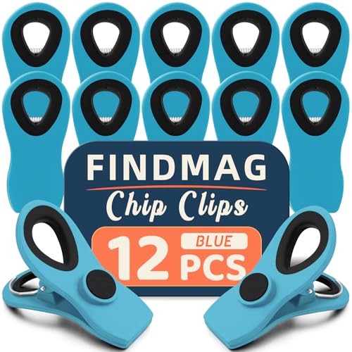 FINDMAG 12 Pack Chip Clips, Big Food Clips Blue Magnetic Clip, RV Accessories, Magnetic Bag Clip with Airtight Seal for Chips, Bread, Snacks, Fridge Organize, Kitchen Storage, Note - color: Blue, size: Pack of 12