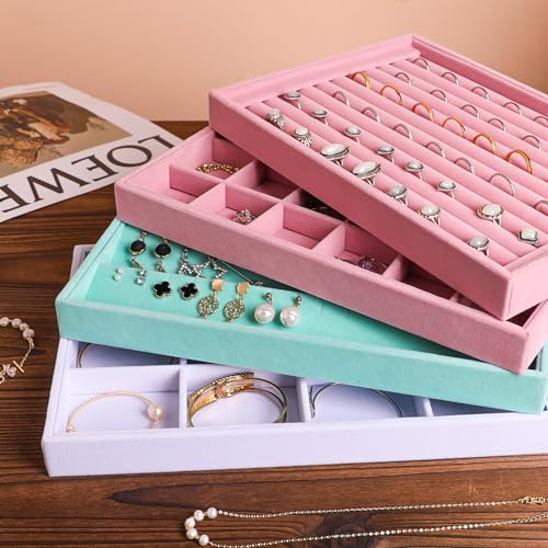 Frebeauty Stackable Velvet Jewelry Organizer Trays for Drawers Inserts Jewelry Storage Tray Display Case, Stud Earrings Bracelets Necklace Rings Accessories Trays for Women(Set of 2)(White) - color: White, size: Set 2
