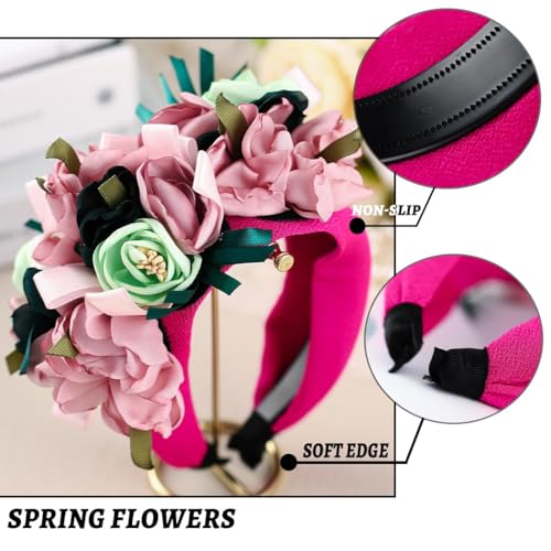 Boho Wide Headbands for Women Handmade Dazzling Floral Flowers Hairbands Red Crystal Embellished Hair Band Retro Hairbands Festivals Photo Props (Red) - color: Red
