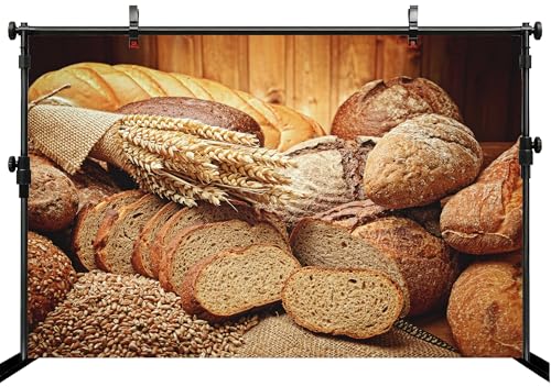15x10ft Bread Backdrop Breads Sliced Loaves Wheat Ears Grains Rustic Wooden Wall Background for Baking Theme Party Bakery Display Food Photography Decor Photo Studio Booth Props Wallpapers - size: 15x10FT