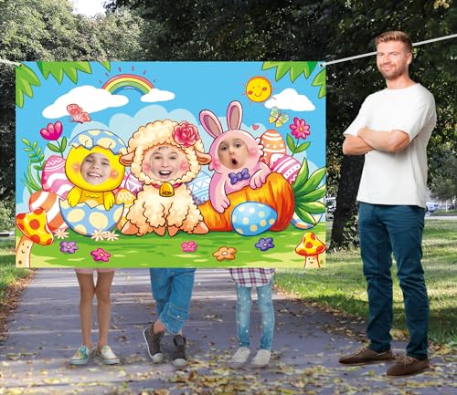 Easter Face in Hole Backdrop 5 x 3.3 ft, Baby Chick Sheep Bunny Face Cutout Photo Props, Happy Easter Party Photography Background, Spring Party Bunny Decoration Kids Photo Booth Props