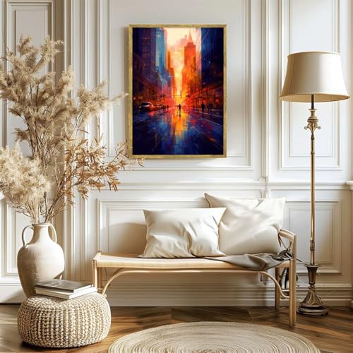 Framed Sunset Cityscape Canvas Print Modern Contemporary Poster Wall Art Stunning Painting Pictures Wall Decor for Living Room Office Home Decoration (12L x16W,Gold Framed) - size: 12L"x16W"