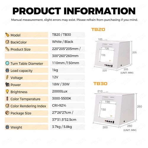 Professional Jewelry Photography Box Kit, Supports Hanging or Placing, 360° Electric Rotating, with 4pcs Light Fill Light, Adjustable Brightness, Mini Photo Studio Softbox with Accessories(Tb20) - size: Tb20