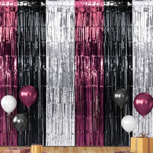 6 Pack 3.3Ft x 6.6Ft Graduation Foil Fringe Curtain Backdrop Decorations, Maroon Black Silver Metallic Tinsel Foil Streamers Curtain Photo Booth Background for Graduation Prom Wedding Birthday Party - color: Maroon Black and Silver