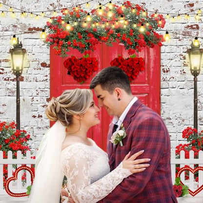 Valentines Backdrop 10x8ft Red Rose Love Heart White Brick Wall Red Door Photography Background Happy Valentine's Day Wedding Bridal Shower Anniversary Party Photo Booth Props