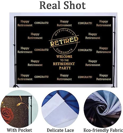 Officially Retired Black Golden Banner Backdrop for Photography, 7x5FT, Happy Retirement Party Background, Photo Booth Studio Props MBMYLU154 - size: cotton polyester-7x5ft