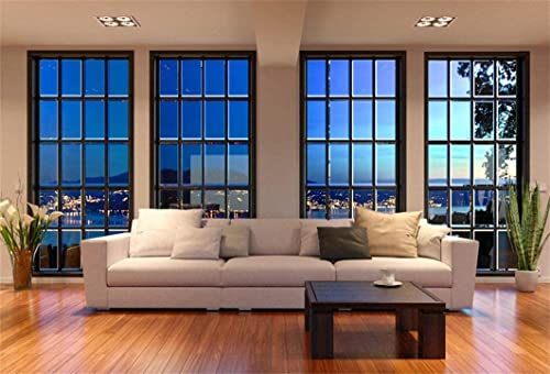 AOFOTO 15x10ft Business Office Window View Backdrop French Sash Modern Living Room Interior Sofa Casement Photography Background Work at Home Nightscape Wooden Floor Furniture Video Studio Props Vinyl - size: 15x10ft