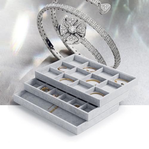 Oirlv Velvet Stackable Jewelry Display Trays 12 Grids Rings Earrings Bracelet Organizer Storage Tray(13.8"x1.29"x9.4") - size: 12 Grid Tray