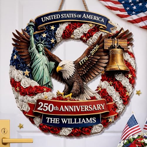 Personalized 250th Anniversary Patriotic Wood Wreath Door Sign 1776-2026, Custom Family Name Round Door Hanger, Independence Decor, Decoration Gifts, Gift For Mom, Dad, Brother, Family /12 - color: Design 12