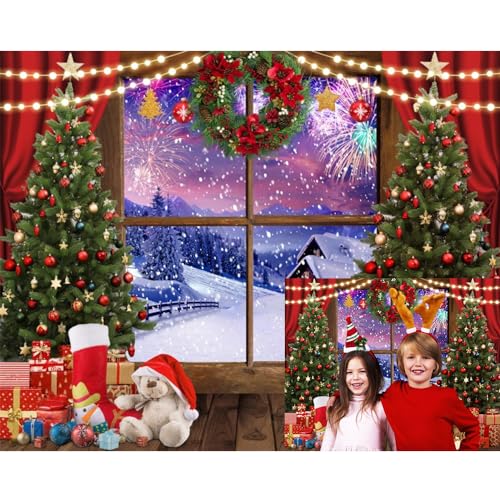 Christmas Backdrop - 10x8ft Winter Snowy Window Merry Christmas Photo Backdrop with Xmas Tree, Gifts, Eve Background, Festival Party Decorations Banner Props - color: NSW13498