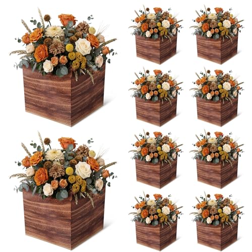 Gilprop 10 Pcs Rustic Wood Grain Paper Flower Boxes 7 Inch Farmhouse Baby Shower Wedding Table Centerpieces Wood Display Cube Planter Blocks for Wedding Baby Shower Gender Reveal Party Decoration - color: Rustic, style: Wood Grain