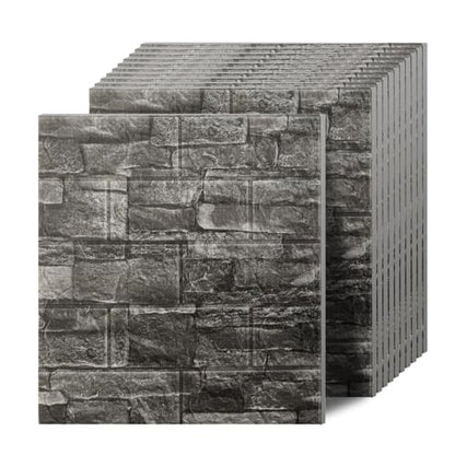 3D Wall Panels Peel and Stick in Black Grey, 40 PCS XPE Foam 3D Wallpaper, Faux Brick Wall Panels for Bedroom, Stairs, Kitchen - color: Black Rock, size: 40PCS